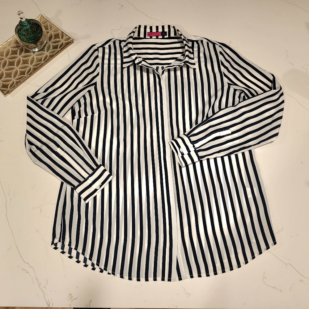 Ava - Blue & White Button Down Blouse